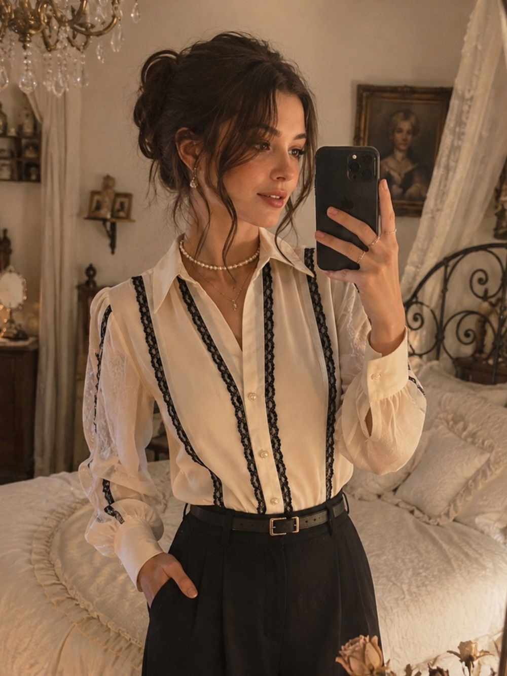 Haver London NWT Ivory Black Lace Pearl Button Victorian Blouse S